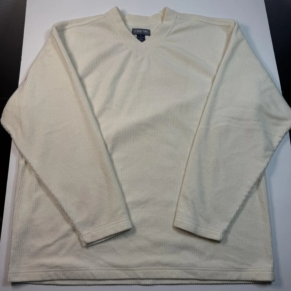 VINTAGE Structure Sweater Mens XL Ivory V-Neck Ribbed Corduroy Look Fleece 90s